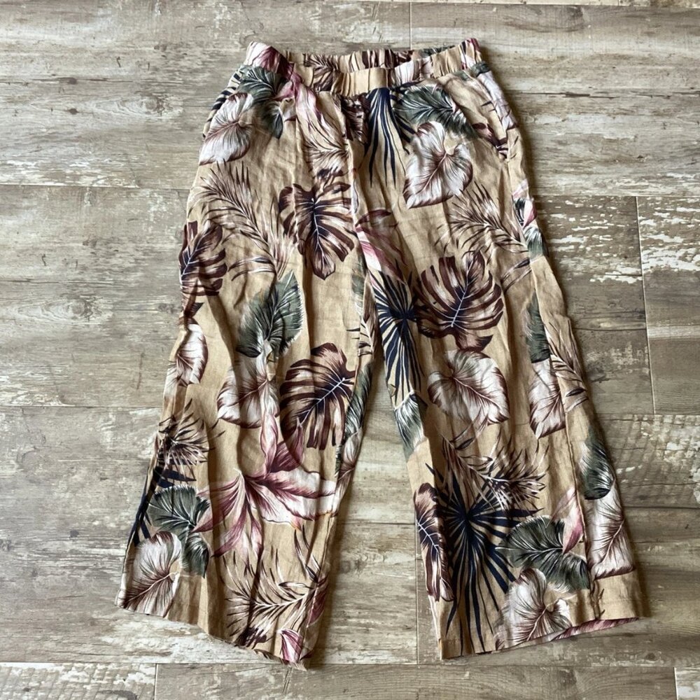 ELIE TAHARI Linen Pants Wide Leg Pull On Tropical/Fern Print Women’s Small